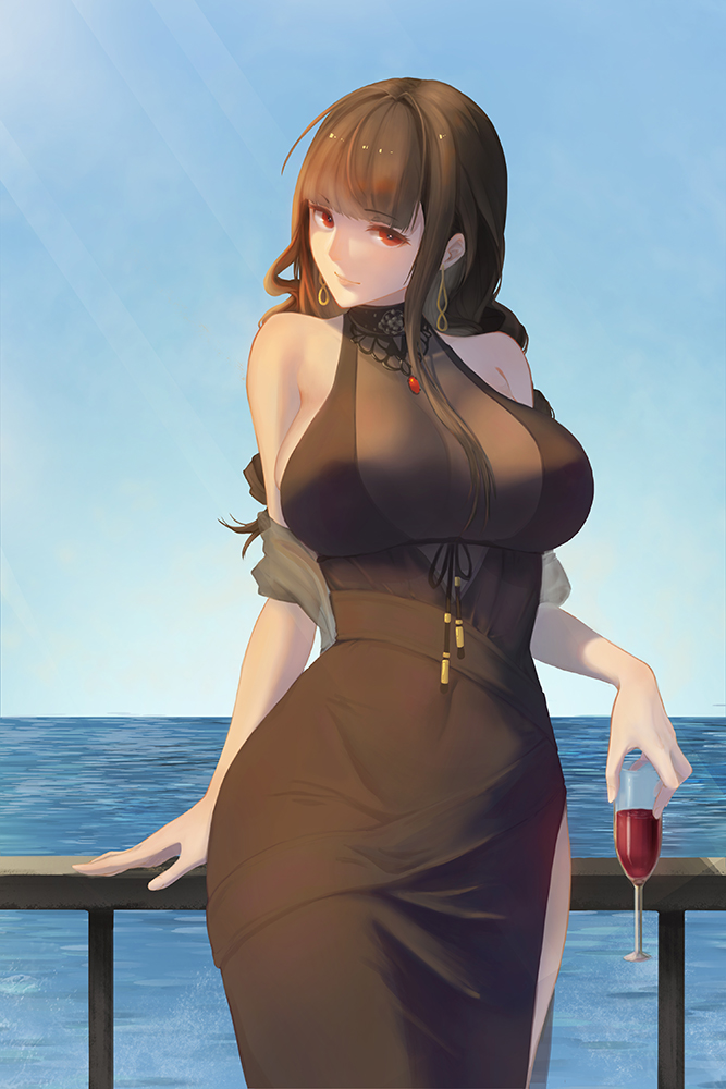 1girl against_railing alcohol bangs bare_shoulders black_dress black_ribbon blue_sky blunt_bangs breasts brown_hair chinese_commentary cleavage covered_navel cowboy_shot cup day dress dsr-50_(girls_frontline) earrings eyebrows_visible_through_hair girls_frontline head_tilt holding holding_cup horizon jewelry large_breasts lips long_hair looking_at_viewer ocean olin_(nienxddd) outdoors pelvic_curtain pink_lips red_eyes ribbon shawl sidelocks sky sleeveless sleeveless_dress solo water wine