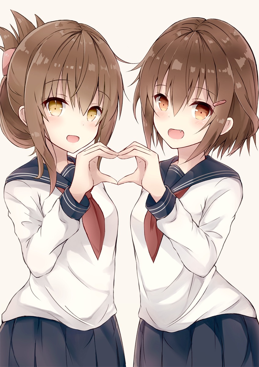 2girls black_skirt blush breasts brown_eyes brown_hair commentary_request eyebrows_visible_through_hair fang folded_ponytail hair_between_eyes hair_ornament hairclip heart heart_hands heart_hands_duo highres ikazuchi_(kantai_collection) inazuma_(kantai_collection) kantai_collection long_hair long_sleeves looking_at_viewer medium_hair miniskirt multiple_girls neckerchief open_mouth red_neckwear school_uniform serafuku simple_background skirt small_breasts white_background yuzuzukushi