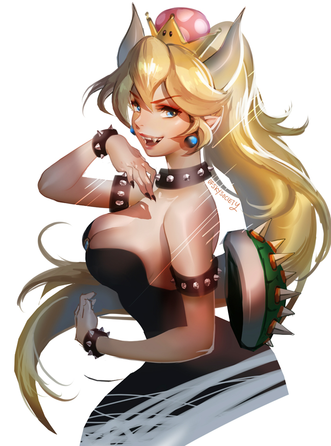 alice_jing black_nails blonde_hair blue_eyes bowser bowsette bracelet collar crown earrings evil_smile fangs genderswap genderswap_(mtf) jewelry long_hair mushroom nail_polish nintendo ofskysociety pointy_ears shell smile spiked_armlet spiked_bracelet spiked_collar spiked_shell spikes super_crown