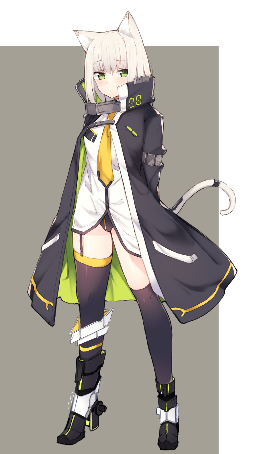 1girl animal_ears armband armored_boots arms_behind_back asymmetrical_legwear bangs black_coat black_footwear black_legwear black_panties boots cat_ears cat_girl cat_tail coat eyebrows_visible_through_hair full_body garter_straps green_eyes grey_background haruyuki_(yukichasoba) high_collar highres knee_boots legs_apart long_sleeves looking_at_viewer necktie no_pants open_clothes open_coat original panties shiny shiny_hair shirt short_hair solo standing tail thigh-highs two-tone_background underwear white_hair white_shirt yellow_neckwear