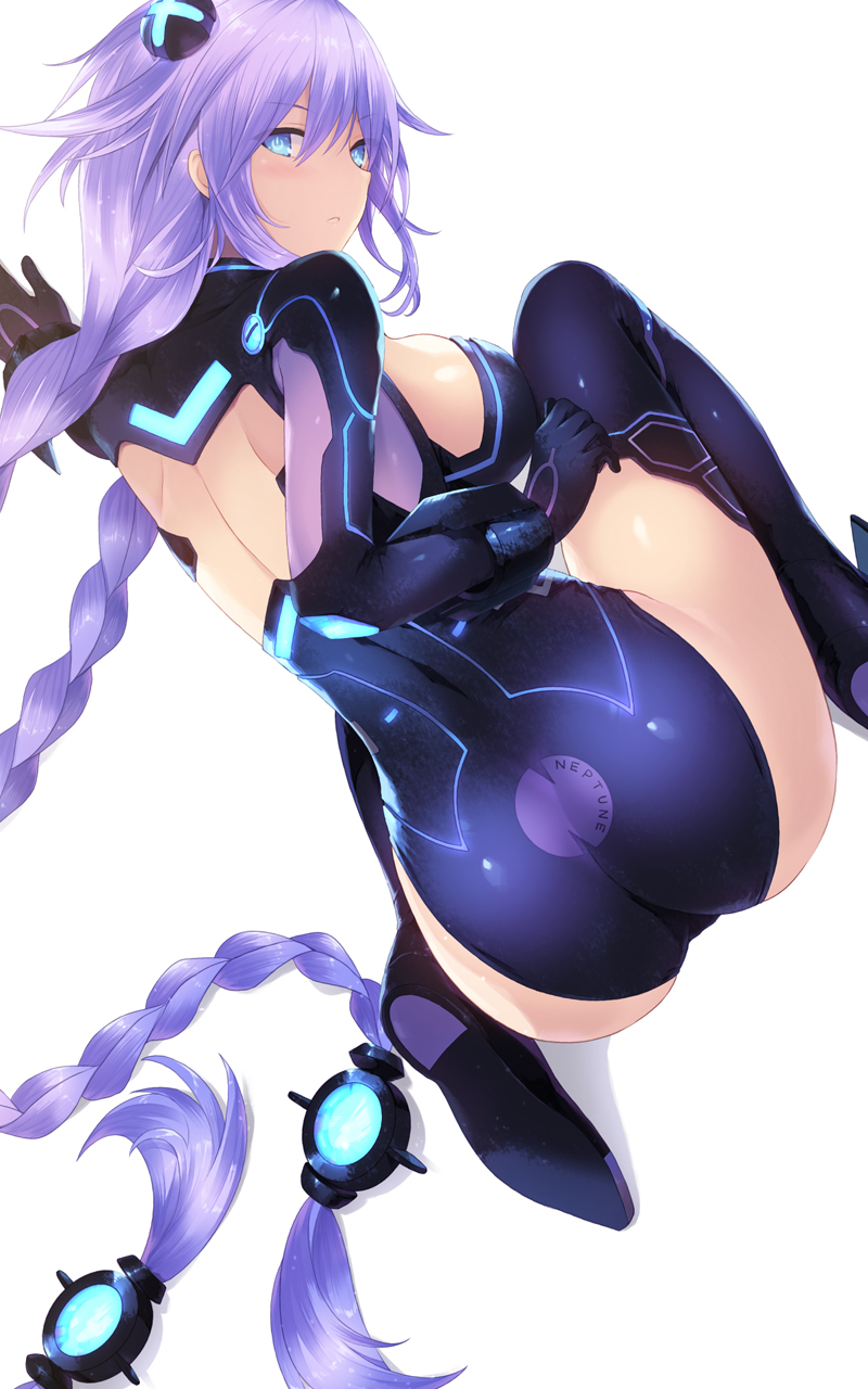 1girl ass bare_back black_gloves braid breasts cait choujigen_game_neptune commentary_request eyebrows_visible_through_hair eyes_visible_through_hair gloves hair_ornament highres hips kneeling large_breasts legs long_hair looking_at_viewer looking_back navel neptune_(series) power_symbol purple_hair purple_heart simple_background solo symbol-shaped_pupils thighs twin_braids very_long_hair white_background wide_hips