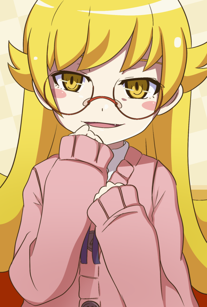 1girl bespectacled blonde_hair blush_stickers fang glasses long_hair monogatari_(series) oshino_shinobu servachok smile sweater yellow_eyes