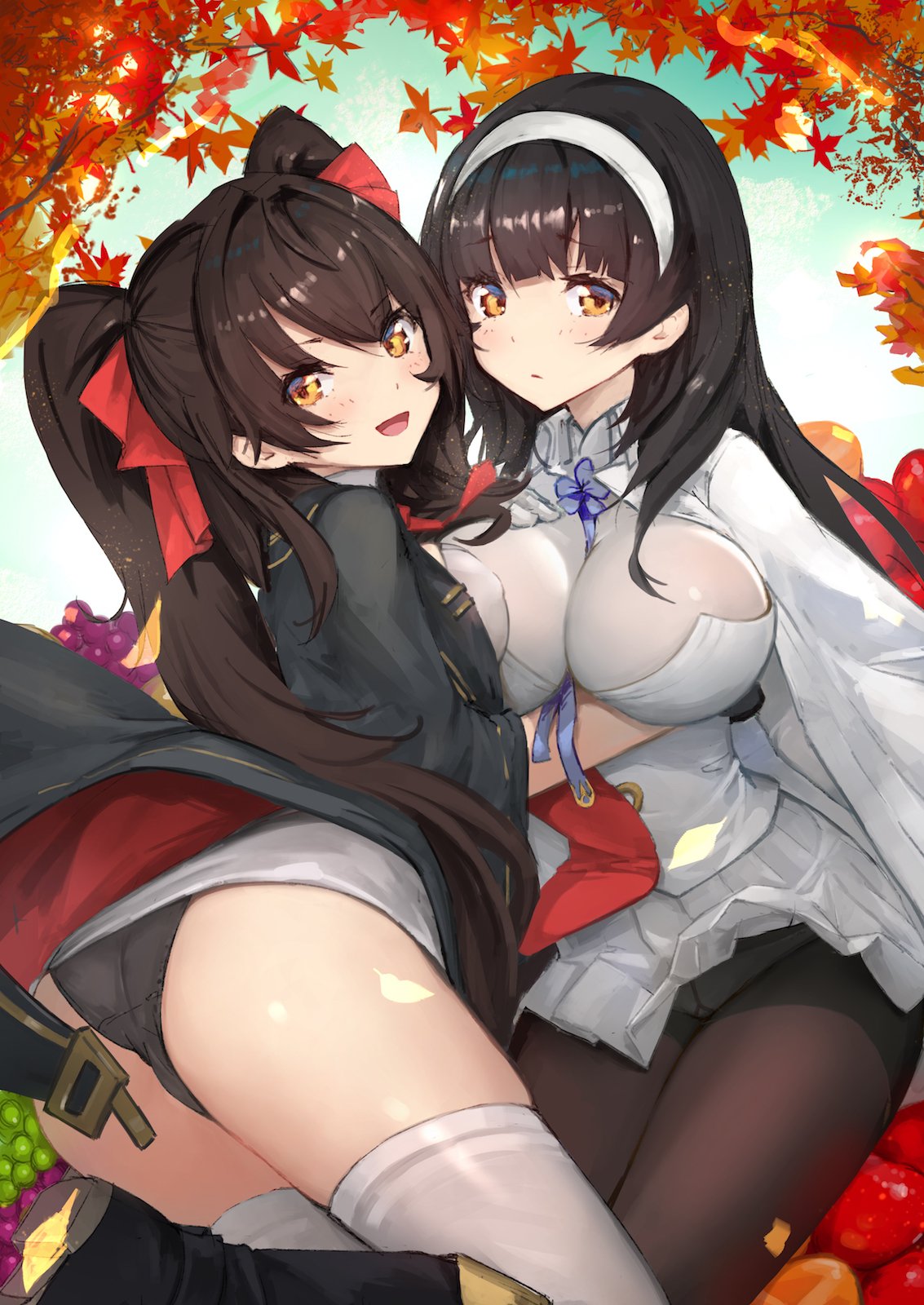 2girls asarokuji ass autumn autumn_leaves between_breasts black_hair breasts eyebrows_visible_through_hair girls_frontline hair_ribbon hairband highres large_breasts looking_at_viewer multiple_girls panties panties_under_pantyhose pantyhose pleated_skirt qbz-95_(girls_frontline) qbz-97_(girls_frontline) ribbon skirt smile thigh-highs twintails underwear yellow_eyes