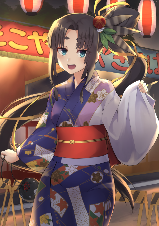 1girl :d bangs black_hair blue_eyes blush cowboy_shot eyebrows_visible_through_hair fate/grand_order fate_(series) hair_ribbon japanese_clothes kimono lantern long_hair looking_at_viewer open_mouth p!nta paper_lantern parted_bangs ribbon side_ponytail sidelocks sleeves_past_wrists smile solo stall summer_festival ushiwakamaru_(fate/grand_order) wide_sleeves yukata