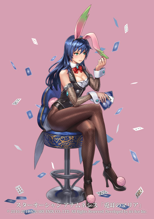 1girl animal_ears bangs blue_hair breasts bunny_tail bunnysuit buttons card chair cleavage closed_mouth commentary_request company_connection copyright_name cuboon detached_collar fake_animal_ears fishnet_pantyhose fishnets full_body green_eyes high_heels holding legs_crossed lips long_hair maria_traydor medium_breasts official_art pantyhose pink_background pom_pom_(clothes) rabbit_ears shiny shiny_clothes shiny_hair simple_background sitting sleeveless solo star_ocean star_ocean_anamnesis tail wrist_cuffs