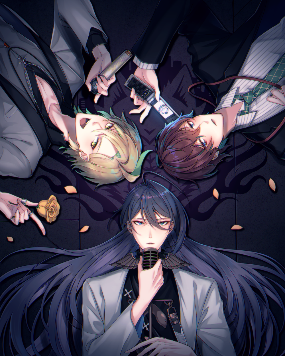 3boys ahoge artist_request blonde_hair blue_eyes blue_hair brown_hair cellphone flower formal from_above green_neckwear highres holding holding_microphone hypnosis_mic izanami_hifumi jewelry jinguuji_jakurai kannonzaka_doppo long_hair lying male_focus microphone multiple_boys necklace necktie on_back petals phone ring suit very_long_hair yellow_eyes yellow_flower