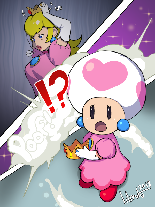 1girl crown dress eyelashes headwear_removed heart heart_print lipstick makeup super_mario_bros. nintendo pink_lipstick princess_peach super_crown toad transformation