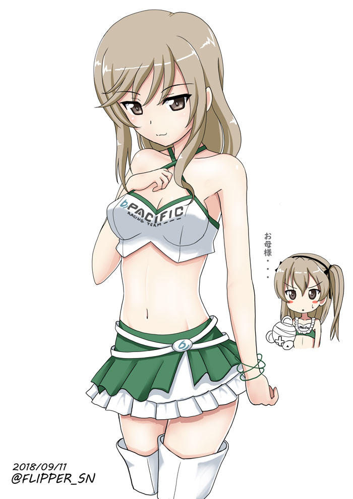 2girls bangs bare_arms bare_shoulders black_bow black_hairband blush blush_stickers boko_(girls_und_panzer) bow breasts brown_eyes cleavage closed_mouth collarbone criss-cross_halter crop_top dated eyebrows_visible_through_hair flipper girls_und_panzer green_skirt hair_between_eyes hair_bow hairband halterneck hand_on_own_chest hand_up light_brown_hair long_hair medium_breasts midriff mother_and_daughter multiple_girls navel object_hug one_side_up pleated_skirt shimada_arisu shimada_chiyo simple_background skirt solo_focus stuffed_animal stuffed_toy sweat teddy_bear thigh-highs translated twitter_username white_background white_legwear