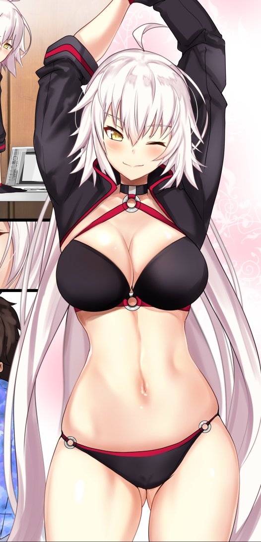 1girl ahoge arms_behind_back bangs bikini black_bikini black_choker black_gloves black_jacket blush breasts choker cleavage comic commentary_request cowboy_shot cropped_jacket eyebrows_visible_through_hair fate/grand_order fate_(series) gloves gluteal_fold hair_between_eyes jacket jeanne_d'arc_(alter_swimsuit_berserker) jeanne_d'arc_(fate)_(all) large_breasts long_hair looking_at_viewer multicolored multicolored_background navel o-ring o-ring_bikini o-ring_bottom o-ring_top shrug_(clothing) silver_hair smile swimsuit untsue waist yellow_eyes
