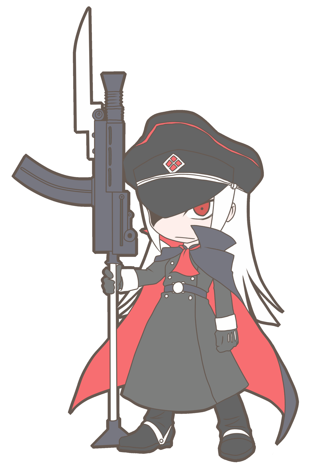 1girl akatsuki_blitzkampf blade cape es_(shinda_hitomi) gloves gun hat highres holding holding_weapon long_hair military military_uniform peaked_cap perfecti polearm red_eyes solo submachine_gun uniform weapon white_hair