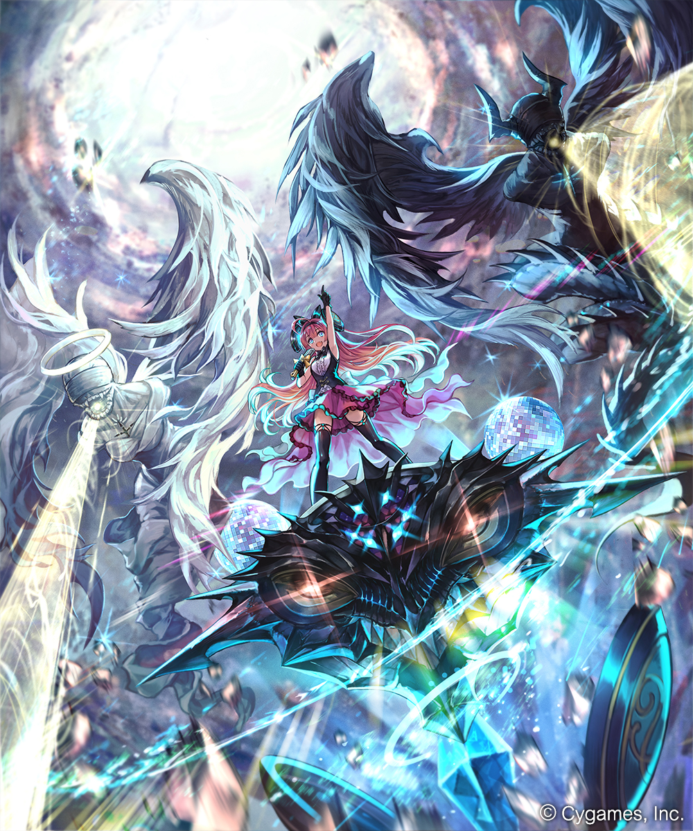 1girl black_wings blindfold blue_eyes disco_ball halo highres horns long_hair madogawa magic monster official_art redhead shadowverse skirt smile thigh-highs white_wings wings