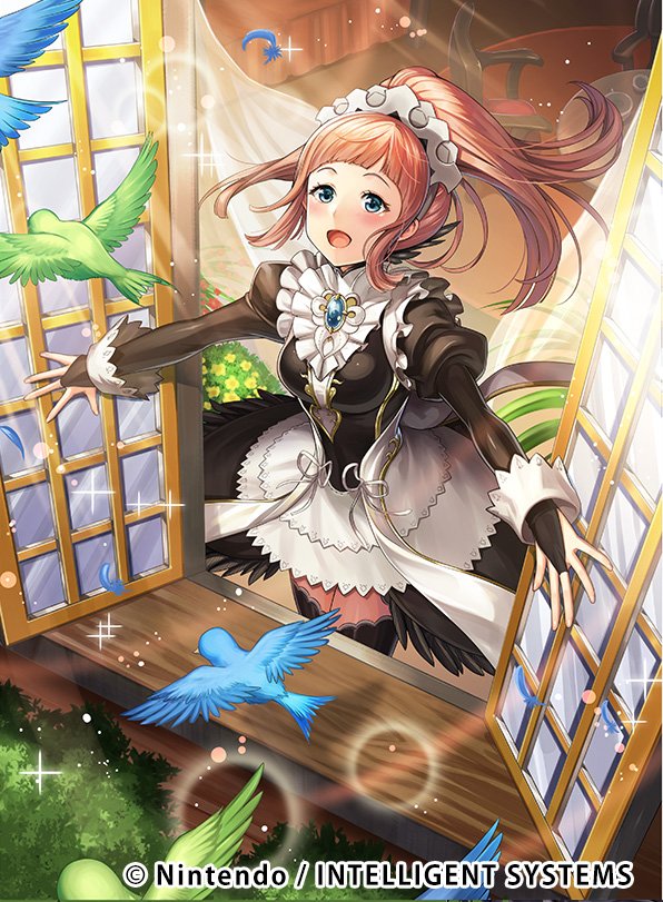 1girl animal aqua_eyes bangs bird black_dress black_legwear blush breasts chachie chair commentary_request company_connection copyright_name day dress feather_trim feathers felicia_(fire_emblem_if) fire_emblem fire_emblem_cipher fire_emblem_if gem indoors jewelry light_particles long_hair long_sleeves maid maid_headdress medium_breasts nintendo official_art open_mouth open_window pink_hair puffy_sleeves short_dress sidelocks solo sparkle thigh-highs window zettai_ryouiki
