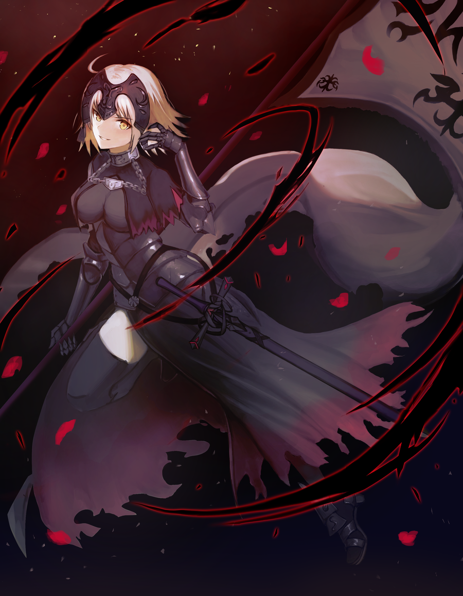 1girl ahoge akira_(aristole) armor armored_boots armored_dress banner black_dress black_footwear black_legwear blonde_hair boots breasts breasts_apart dress fate/grand_order fate_(series) gauntlets hand_in_hair headpiece holding holding_weapon jeanne_d'arc_(alter)_(fate) jeanne_d'arc_(fate)_(all) leg_up looking_at_viewer medium_breasts parted_lips petals sheath sheathed short_hair smile solo sword thigh-highs weapon yellow_eyes