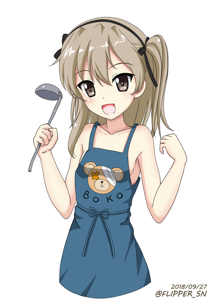1girl :d apron bangs bare_arms bare_shoulders black_bow black_hairband blue_apron blush boko_(girls_und_panzer) bow collarbone dated eyebrows_visible_through_hair flipper girls_und_panzer hair_between_eyes hair_bow hairband hands_up head_tilt holding ladle light_brown_hair long_hair naked_apron open_mouth shimada_arisu simple_background smile solo twitter_username white_background