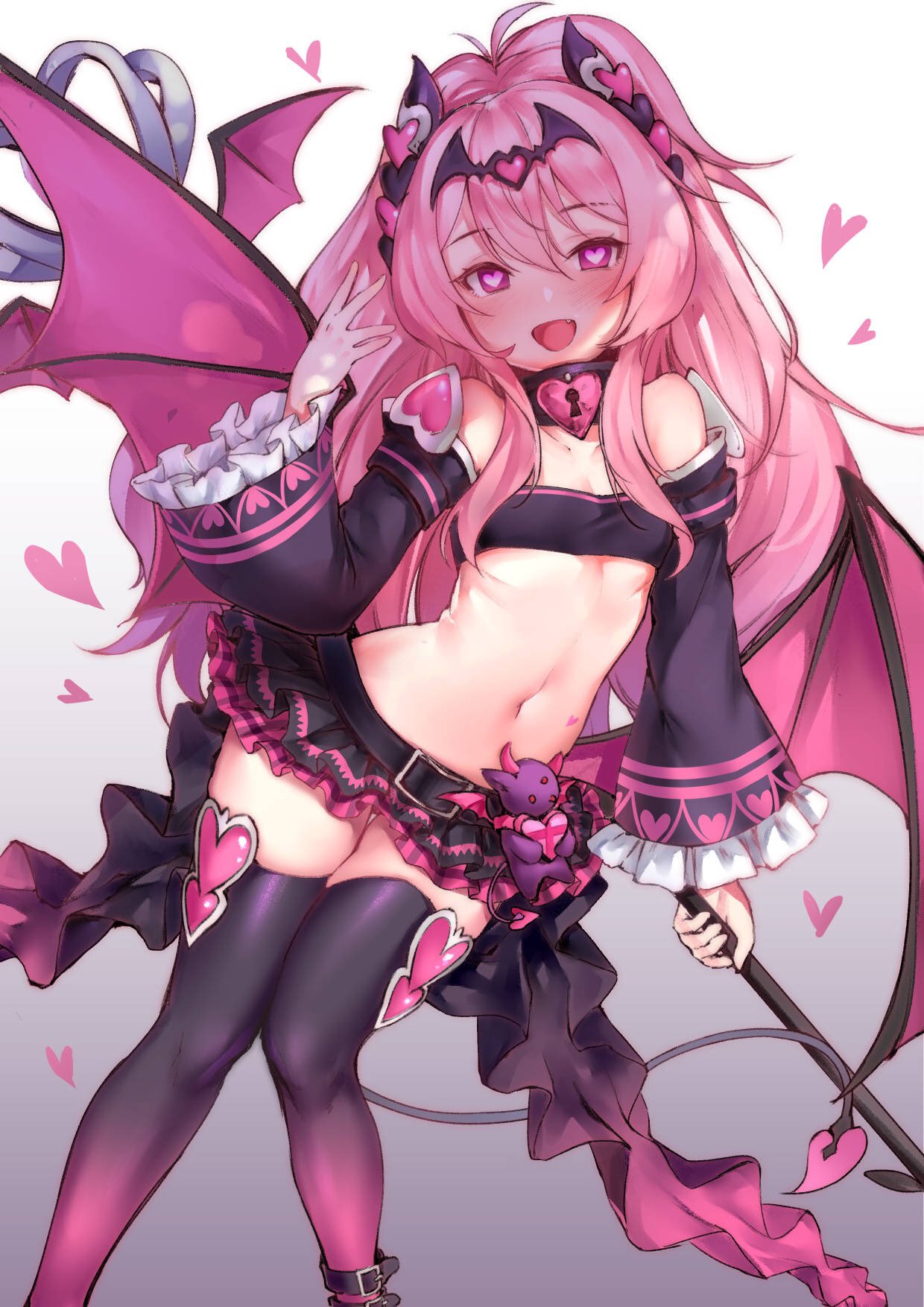 1girl ahoge bare_shoulders bat_hair_ornament bat_wings belt black_legwear black_skirt blush breasts collarbone demon_tail eyebrows_visible_through_hair gradient gradient_background hair_ornament heart heart-shaped_pupils highres long_hair long_sleeves looking_at_viewer navel open_mouth original pink_eyes pink_hair simple_background skirt small_breasts smile solo sunege_(hp0715) symbol-shaped_pupils tail thigh-highs wings
