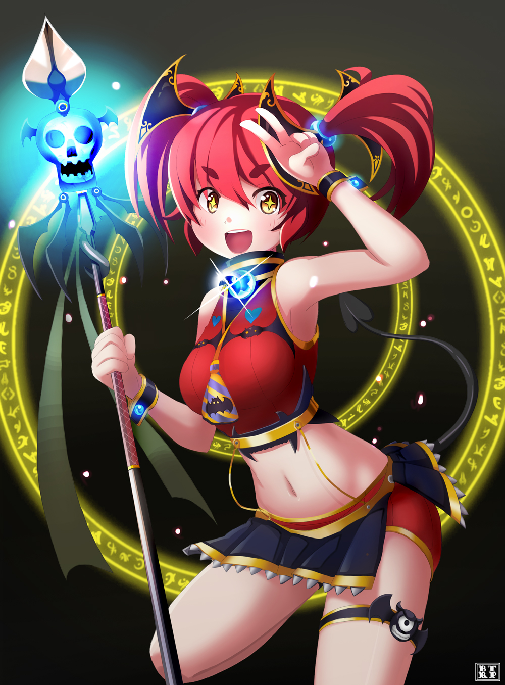 1girl breasts btraphen demon_tail heart highres large_breasts magical_girl midriff navel orange_eyes original redhead short_hair skull smile solo staff star star-shaped_pupils symbol-shaped_pupils tail twintails v wand