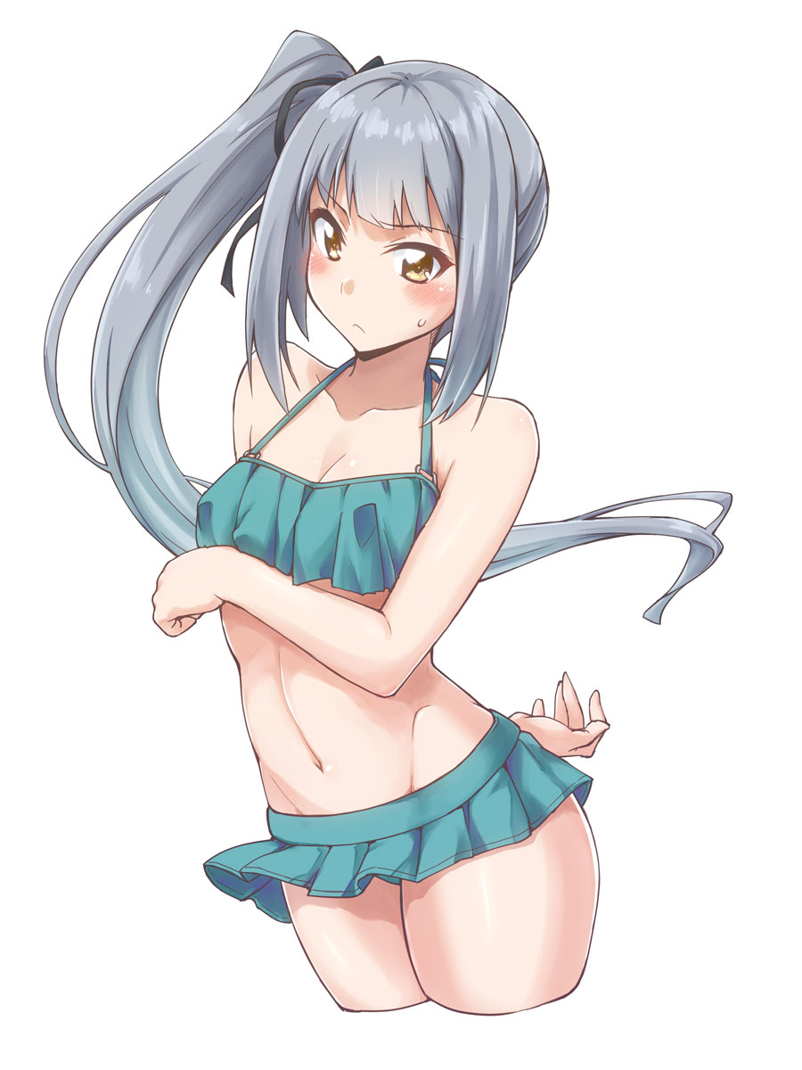 1girl bangs bare_shoulders bikini bikini_skirt black_ribbon blush breasts brown_eyes cleavage collarbone commentary_request cropped_legs eyebrows_visible_through_hair green_bikini grey_hair hair_ribbon halter_top halterneck highres kantai_collection kasumi_(kantai_collection) long_hair looking_at_viewer mikagami_sou navel ribbon side_ponytail small_breasts solo swimsuit white_background