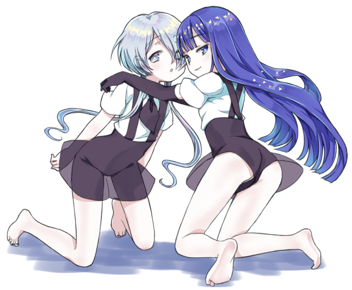 2others amimi androgynous barefoot blue_eyes blue_hair crystal_hair elbow_gloves eyebrows_visible_through_hair full_body gem_uniform_(houseki_no_kuni) ghost_quartz_(houseki_no_kuni) gloves grey_eyes hair_over_one_eye hands_on_another's_shoulders hime_cut houseki_no_kuni kneeling lapis_lazuli_(houseki_no_kuni) long_hair looking_at_viewer multiple_others necktie see-through short_hair_with_long_locks silver_hair smile suspenders white_background