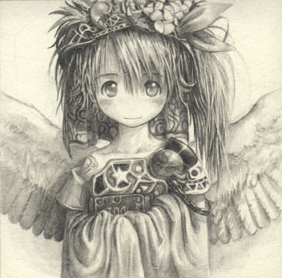 1girl angel_wings armor blush closed_mouth eyebrows_visible_through_hair greyscale long_hair looking_at_viewer lowres monochrome original ribbon sketch smile solo tsukushi_akihito upper_body wings