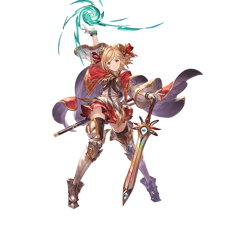 &gt;:) blonde_hair boots bracelet breastplate brown_hair cape djeeta_(granblue_fantasy) granblue_fantasy hair_ornament hair_ribbon hand_up jewelry knee_pads magic minaba_hideo official_art red_cape red_skirt ribbon saber_(weapon) short_hair skirt smile sword thigh-highs thigh_boots transparent_background weapon wide_sleeves wind zettai_ryouiki