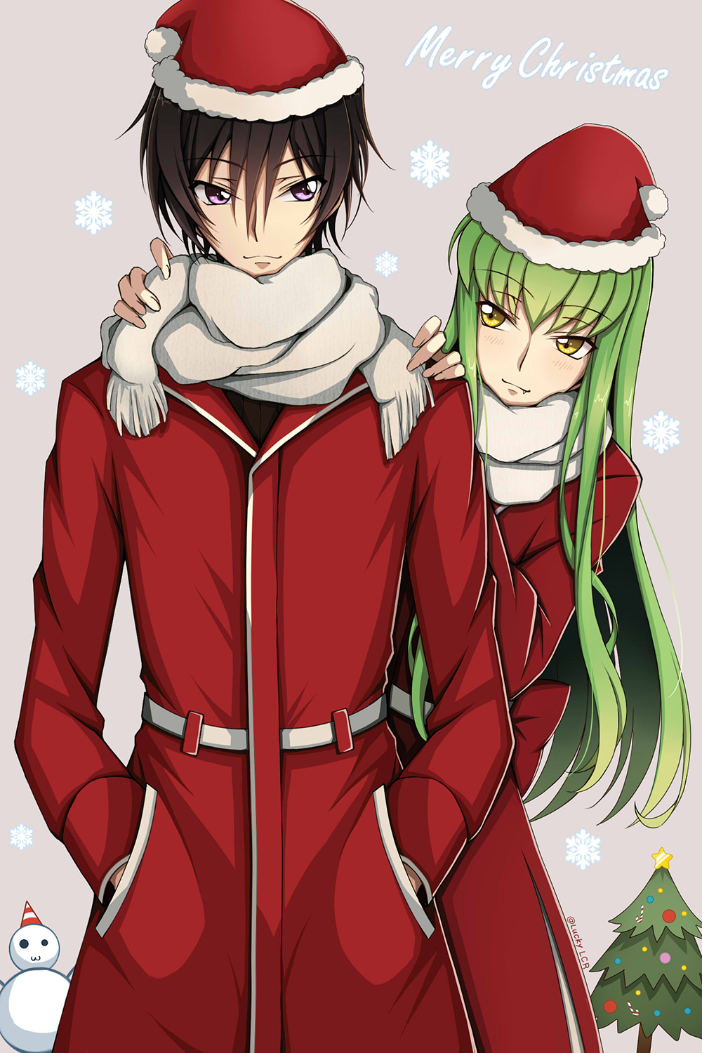 1boy 1girl black_hair c.c. christmas_tree coat code_geass eyebrows_visible_through_hair fang_out fur_trim green_hair grey_background grey_scarf hair_between_eyes hands_in_pockets hands_on_another's_shoulders hat highres leaning_to_the_side lelouch_lamperouge long_hair lucky_keai merry_christmas red_coat red_hat santa_costume santa_hat scarf smile snowflakes snowman standing very_long_hair violet_eyes yellow_eyes