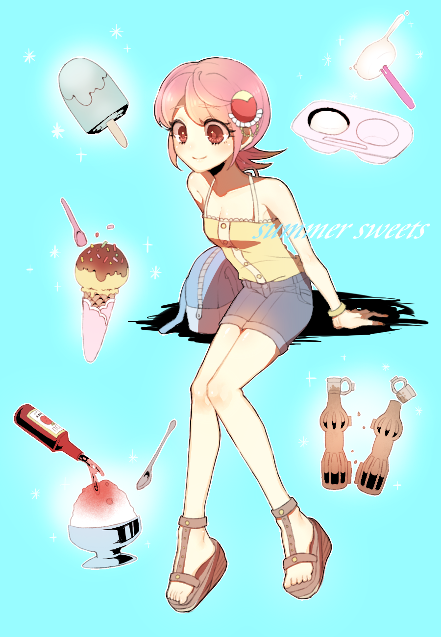 1girl arm_support bare_arms bare_shoulders blue_background blue_shorts bottle breasts brown_eyes capcom female food full_body hair_ornament highres ice_cream ice_cream_cone knees_together_feet_apart pink_hair popsicle rockman rockman_exe sakurai_meiru short_hair short_shorts shorts sidelocks sitting small_breasts smile solo spoon uru-arrow