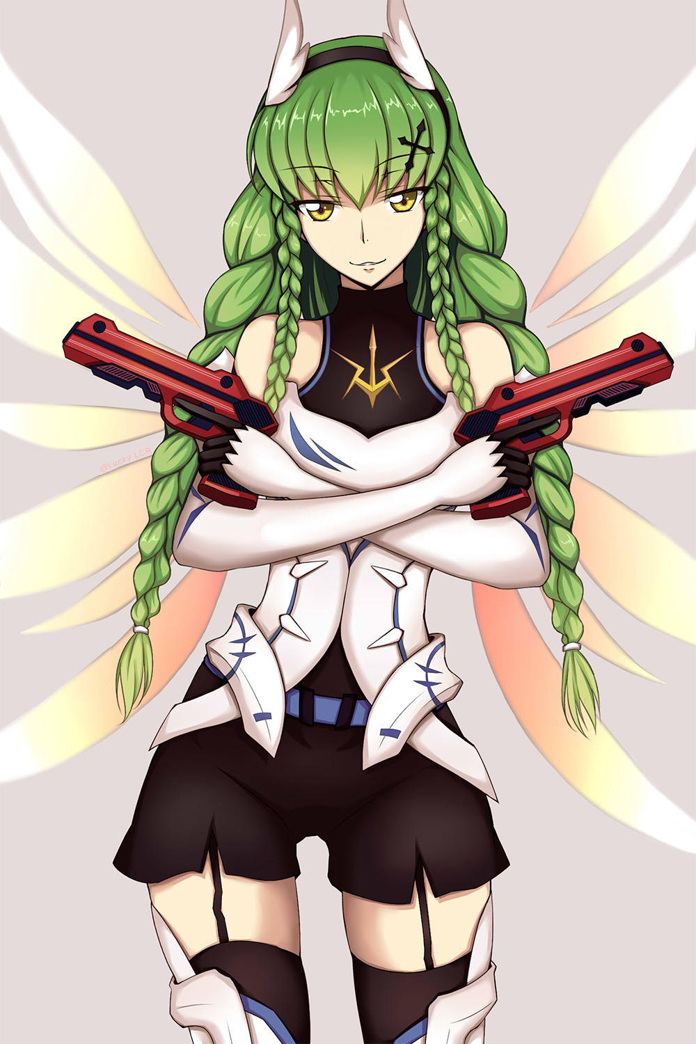 1girl bangs belt black_gloves black_hairband black_legwear black_shorts braid c.c. code_geass cosplay_request detached_sleeves dual_wielding eyebrows_visible_through_hair feathers garter_straps gloves green_hair grey_background gun hair_feathers hairband highres holding holding_gun holding_weapon long_hair looking_at_viewer lucky_keai parted_lips shiny shiny_hair short_shorts shorts simple_background solo thigh-highs twin_braids very_long_hair weapon white_feathers wings yellow_eyes