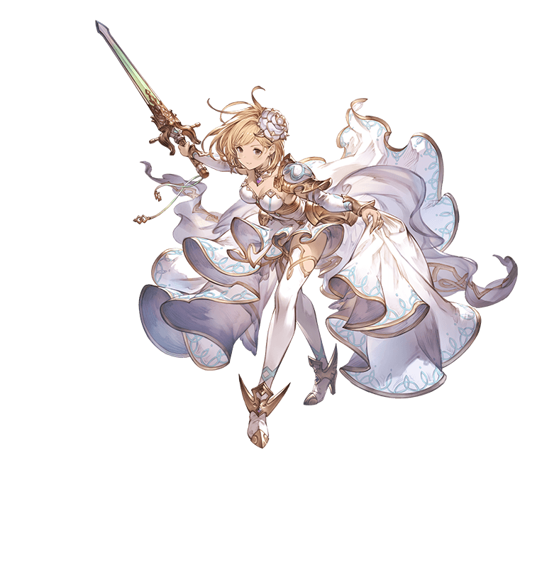 blonde_hair breasts brown_eyes cleavage cosplay detached_sleeves djeeta_(granblue_fantasy) dress expressionless flower granblue_fantasy hair_flower hair_ornament knights_of_glory minaba_hideo official_art shoulder_armor sword the_glory the_glory_(cosplay) thigh-highs transparent_background weapon white_dress white_flower white_legwear