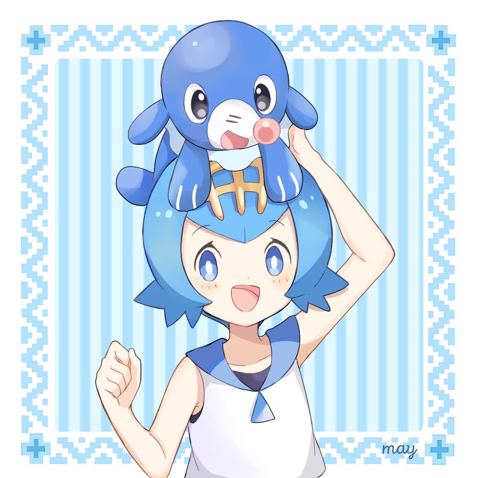 1girl artist_name blue_eyes blue_hair creatures_(company) game_freak gen_7_pokemon hairband mei_(maysroom) nintendo open_mouth pokemon pokemon_(creature) pokemon_(game) pokemon_on_head pokemon_sm popplio shirt short_hair sleeveless sleeveless_shirt solo suiren_(pokemon) swimsuit swimsuit_under_clothes trial_captain twitter_username upper_body white_shirt