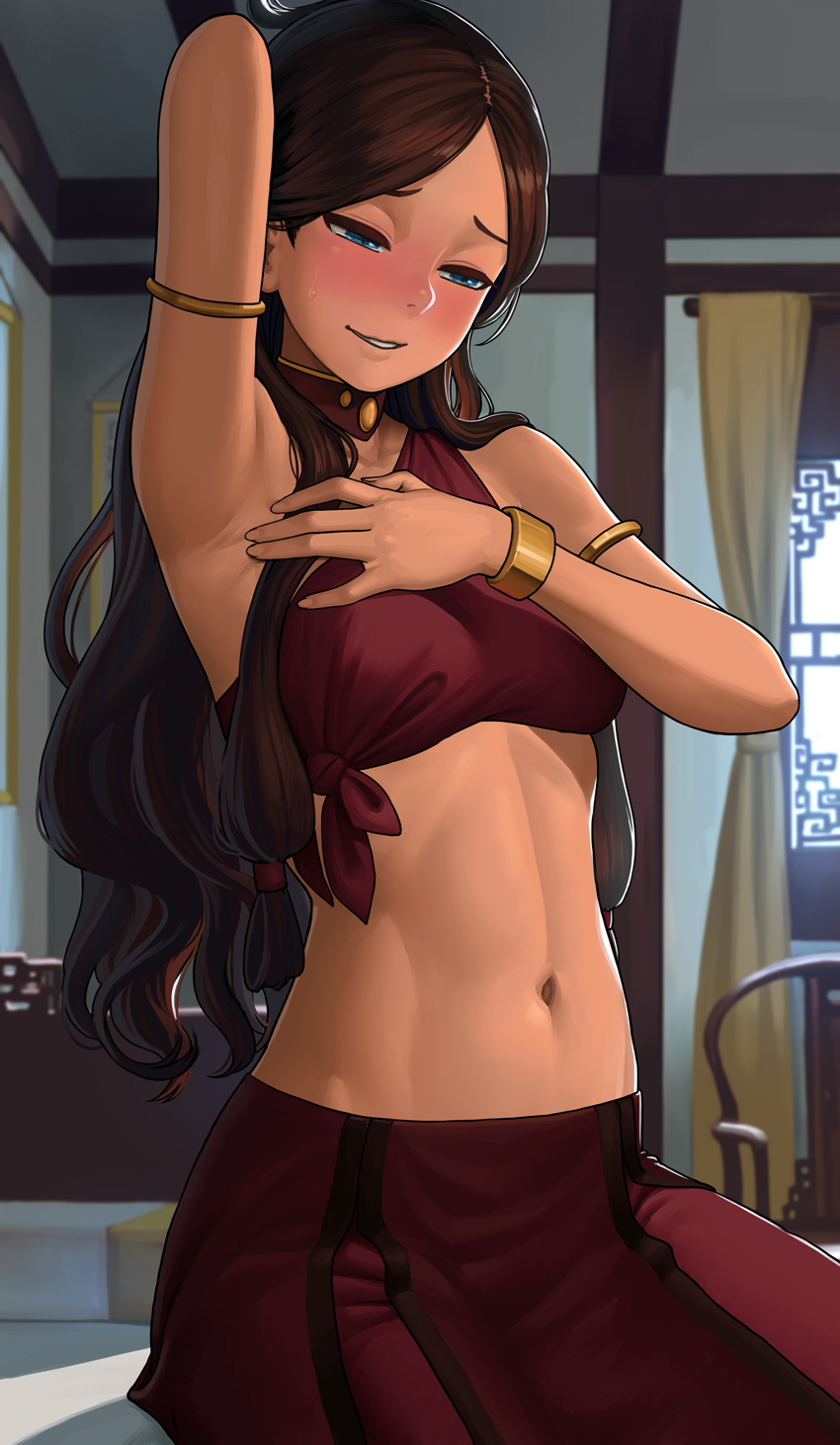 1girl arm_up armlet armpits avatar:_the_last_airbender avatar_(series) bangs bare_shoulders blue_eyes blush bracelet brown_hair crop_top dark_skin highres jewelry katara lasterk long_hair midriff navel parted_bangs parted_lips smile solo sweat