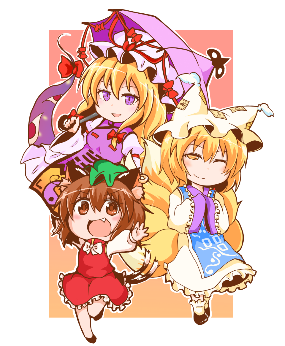 3girls ;) animal_ears blonde_hair bow bowtie brown_eyes brown_hair cat_ears cat_tail chen chibi chinese_clothes commentary dress earrings fang fox_ears fox_tail frilled_skirt frills full_body gap green_hat hair_between_eyes hands_in_opposite_sleeves hat hat_ribbon holding holding_umbrella jewelry long_hair long_sleeves looking_at_viewer mob_cap multiple_girls multiple_tails one_eye_closed open_mouth outstretched_arms parasol pillow_hat red_ribbon red_vest ribbon shiromamekei shirt short_hair skirt skirt_set smile tabard tail tassel touhou two-tone_background two_tails umbrella vest violet_eyes white_dress white_hat white_legwear white_shirt wide_sleeves yakumo_ran yakumo_yukari yellow_eyes