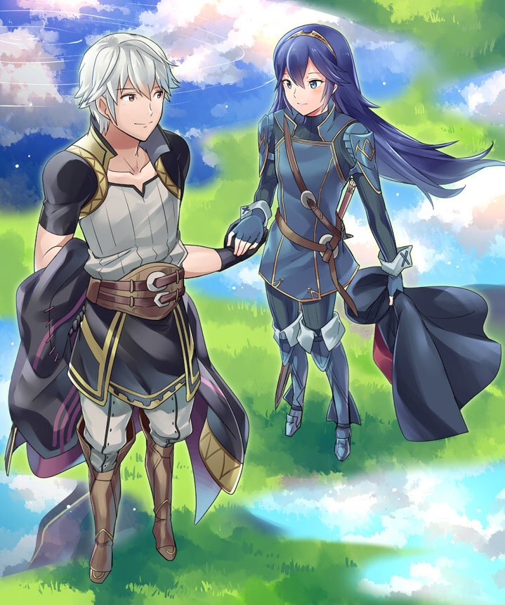 1boy 1girl a_meno0 armor blue_eyes blue_gloves blue_hair fire_emblem fire_emblem:_kakusei fire_emblem_heroes gloves long_hair lucina male_my_unit_(fire_emblem:_kakusei) my_unit_(fire_emblem:_kakusei) nintendo open_mouth silver_hair smile