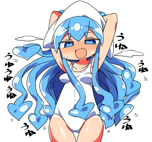 1girl :d arms_up bangs bare_shoulders blue_eyes blue_hair blush breasts casual_one-piece_swimsuit collarbone eyebrows_visible_through_hair hair_between_eyes hat heart heart-shaped_pupils ikamusume kanikama long_hair looking_at_viewer nose_blush one-piece_swimsuit open_mouth shinryaku!_ikamusume simple_background small_breasts smile solo squid_hat sweat swimsuit symbol-shaped_pupils tentacle_hair translation_request very_long_hair white_background white_swimsuit
