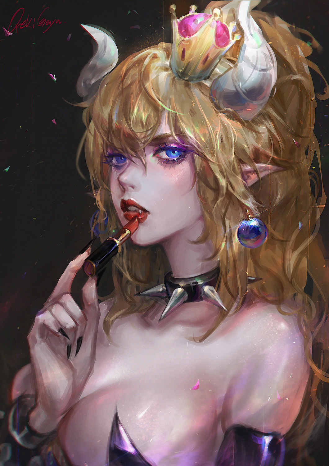 1igrl applying_makeup artist_name black_nails blonde_hair collar crown earrings fangs fingernails highres horns jewelry lips lipstick lipstick_tube long_fingernails lue_eyes makeup nail_polish oreki_genya petals ponytail solo