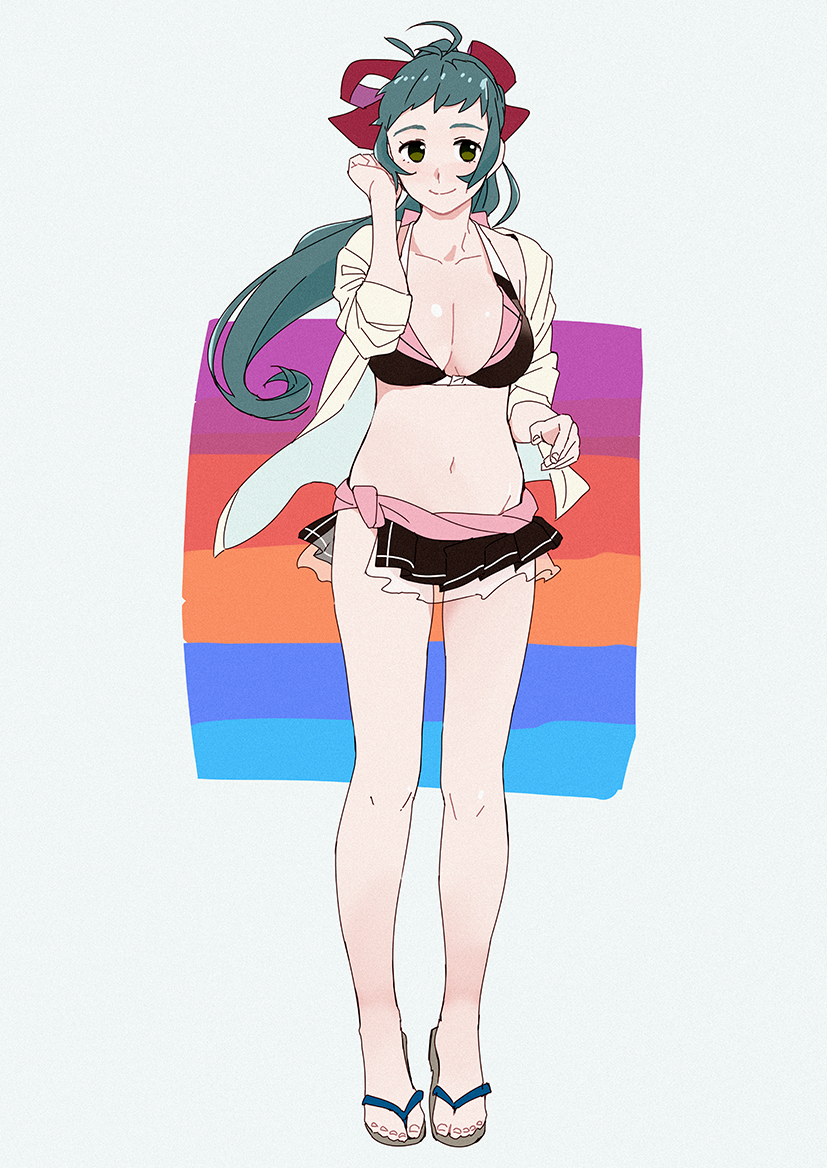 1girl adapted_costume bikini bikini_skirt black_bikini breasts cleavage commentary_request full_body green_eyes green_hair hair_ribbon irako_(kantai_collection) kantai_collection large_breasts long_hair multicolored multicolored_background navel necktie ojipon open_clothes ponytail red_ribbon ribbon sandals shirt solo standing swimsuit white_background white_shirt