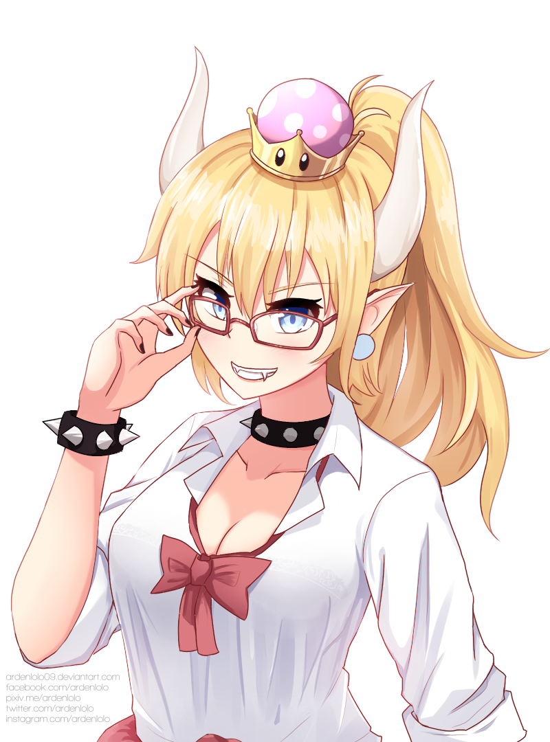 1girl adjusting_eyewear alternate_costume ardenlolo bangs bespectacled black_bra black_nails blonde_hair blue_eyes blush bow bowsette bowtie bra bracelet collared_shirt fangs glasses grey_earrings grin gyaru hair_between_eyes horns jewelry kogal lace lace-trimmed_bra long_ponytail looking_at_viewer loose_bowtie super_mario_bros. nail_polish new_super_mario_bros._u_deluxe nintendo open_collar outline pointy_ears red_neckwear school_uniform see-through shiny shiny_hair shirt short_sleeves sidelocks sleeves_rolled_up smile solo spiked_bracelet spikes super_crown underwear upper_body watermark web_address white_background white_shirt