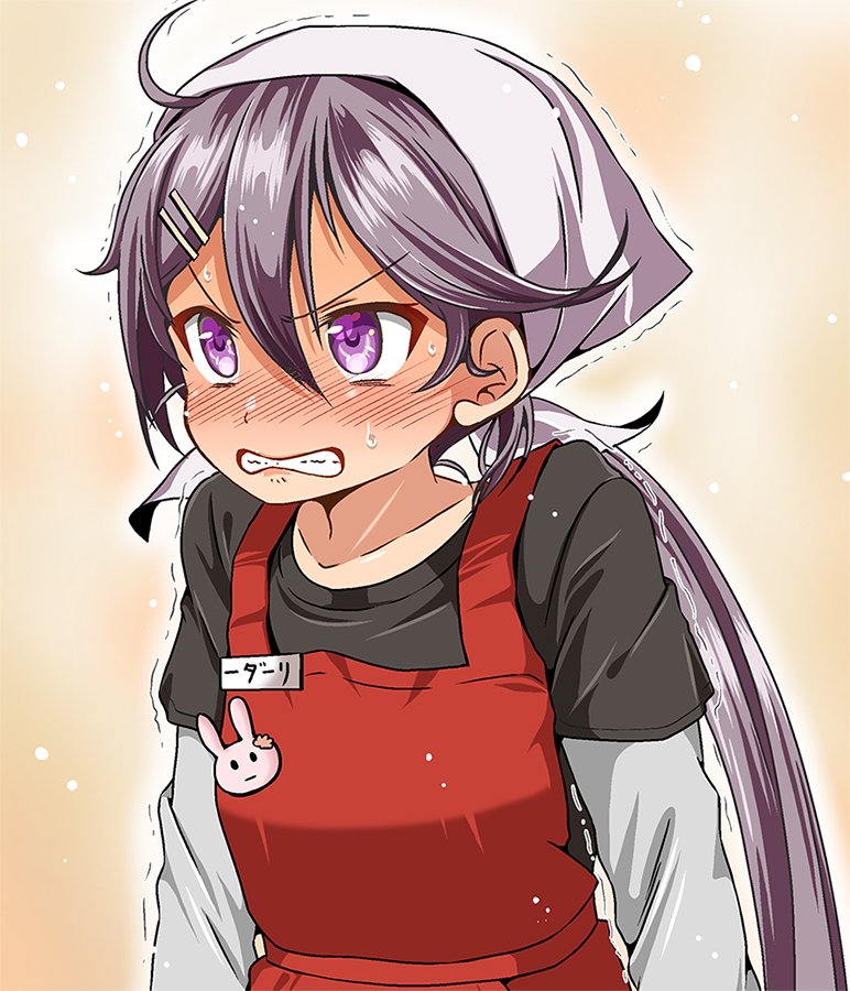 ahoge akebono_(kantai_collection) alternate_hairstyle apron blush bunny_pin casual clenched_teeth commentary_request hair_between_eyes hair_ornament hairclip kantai_collection kerchief long_hair long_sleeves nose_blush orange_background ponytail rabbit shino_(ponjiyuusu) shirt solo sweatdrop t-shirt teeth trembling upper_body
