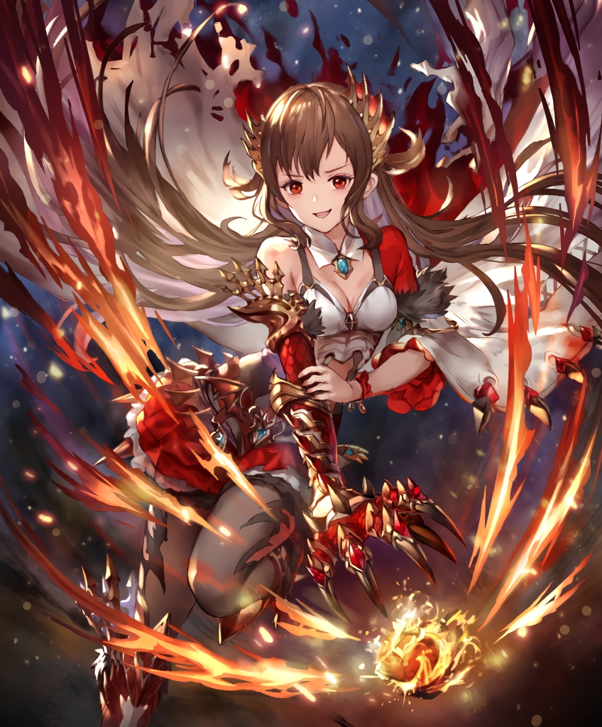 &gt;:d 1girl artist_request breasts brown_hair cygames dragon_claw fire fireball frills galmieux_omen_of_disdain long_hair navel navel_cutout official_art open_mouth red_eyes scales shadowverse skirt small_breasts