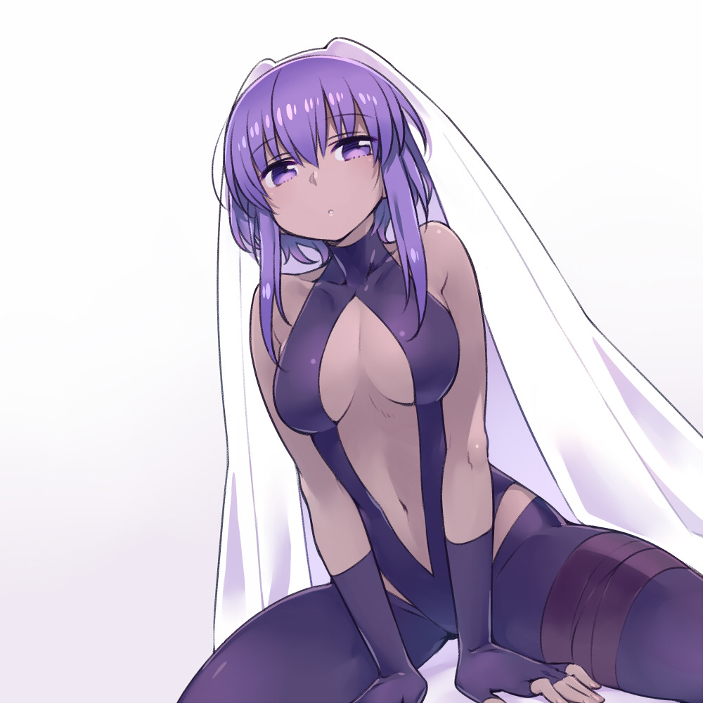 1girl bare_shoulders between_legs breasts bridal_veil center_opening chan_co closed_mouth dark_skin eyebrows_visible_through_hair fate/grand_order fate/prototype fate/prototype:_fragments_of_blue_and_silver fate_(series) gloves gradient gradient_background grey_background hand_between_legs hassan_of_serenity_(fate) leotard looking_at_viewer medium_breasts navel purple_gloves purple_hair purple_leotard sidelocks sitting solo veil