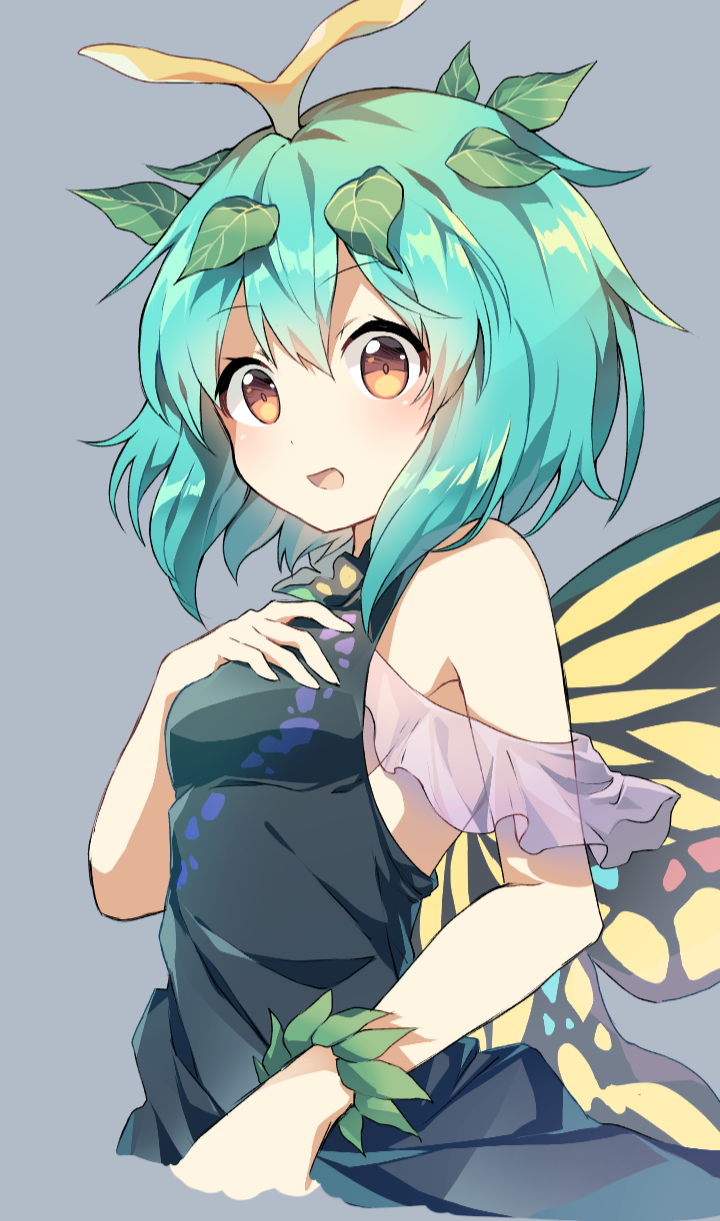 1girl antennae aqua_hair bangs bare_arms bare_shoulders black_dress blush breasts butterfly_wings caramell0501 commentary_request cropped_torso dress eternity_larva eyebrows_visible_through_hair grey_background hair_between_eyes hand_on_own_chest hand_up highres leaf leaf_on_head looking_at_viewer open_mouth short_hair sideboob simple_background sleeveless sleeveless_dress small_breasts touhou upper_body wings yellow_eyes