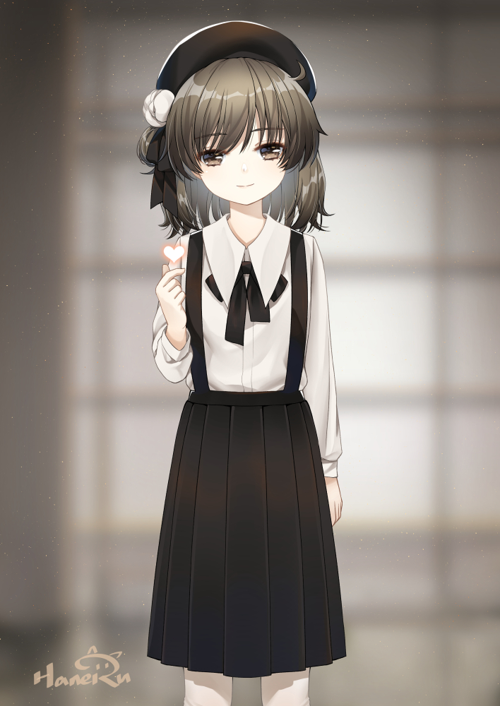 1girl arm_at_side bangs beret black_hat black_ribbon black_skirt blurry blurry_background brown_eyes brown_hair closed_mouth collared_shirt commentary_request depth_of_field eyebrows_visible_through_hair flower hair_between_eyes hair_flower hair_ornament hair_rings haneru hat hatoba_tsugu hatoba_tsugu_(character) heart long_hair long_sleeves pantyhose pleated_skirt ribbon rose shirt signature skirt smile solo standing suspender_skirt suspenders virtual_youtuber white_flower white_legwear white_rose white_shirt