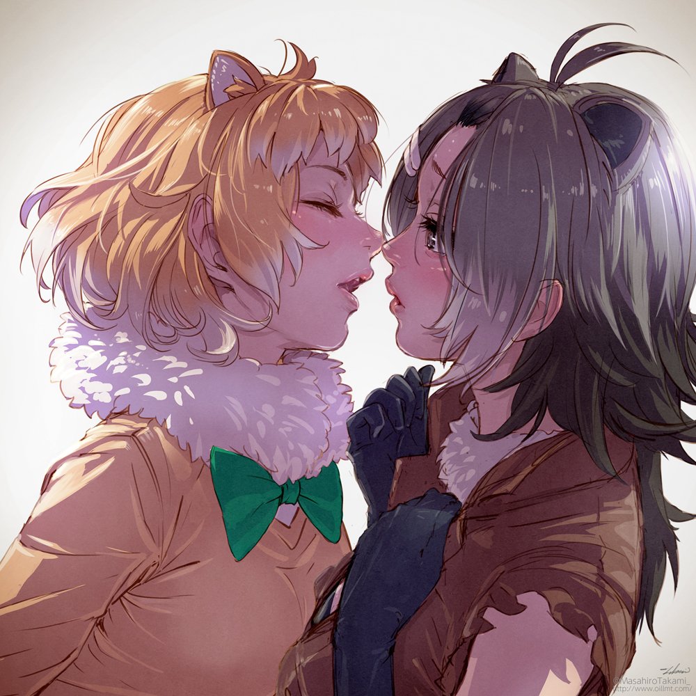 2girls american_beaver_(kemono_friends) animal_ears beaver_ears black-tailed_prairie_dog_(kemono_friends) bow bowtie brown_hair closed_eyes elbow_gloves extra_ears fur_collar gloves grey_hair hair_ornament hairclip hands_on_own_chest imminent_kiss kemono_friends light_brown_hair long_sleeves multicolored_hair multiple_girls prairie_dog_ears profile short_hair sweater takami_masahiro upper_body vest white_hair yuri