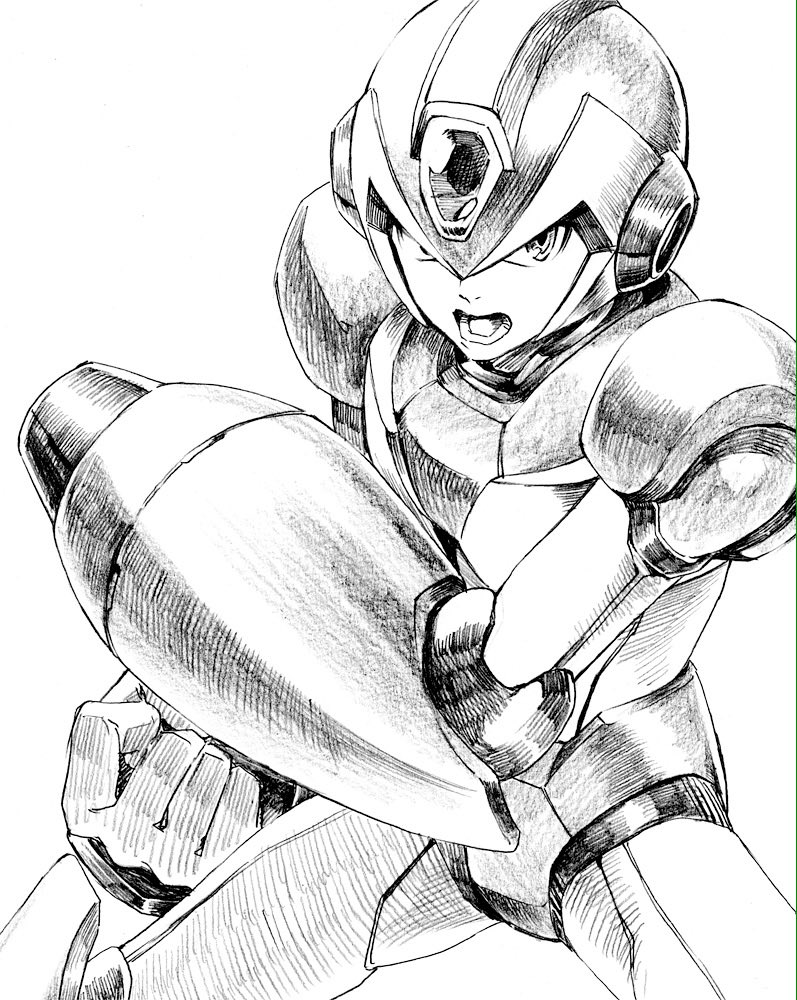 1boy android arm_cannon clenched_hand cowboy_shot greyscale helmet monochrome open_mouth power_armor rockman rockman_x serious simple_background solo teeth weapon white_background x_(rockman) yukinbo78