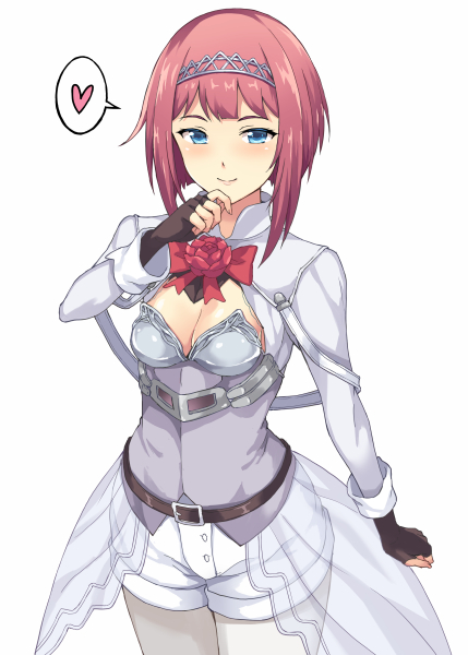 1girl ark_royal_(kantai_collection) belt black_gloves blue_eyes blush bow bowtie breasts cleavage closed_mouth corset crown dress fingerless_gloves flower gloves heart kantai_collection long_sleeves looking_at_viewer pantyhose rasahan redhead short_hair short_shorts shorts simple_background small_breasts smile solo standing white_background white_legwear