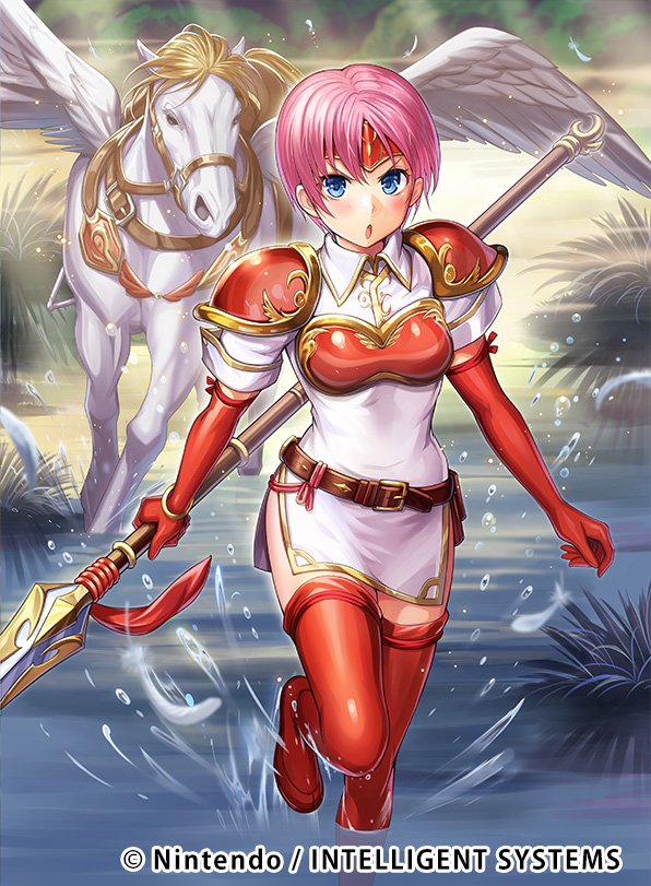 1girl armor bangs belt blue_eyes blush breastplate chachie clouds commentary_request company_connection copyright_name day dress elbow_gloves feathered_wings feathers fire_emblem fire_emblem:_akatsuki_no_megami fire_emblem:_souen_no_kiseki fire_emblem_cipher gloves holding holding_weapon looking_at_viewer marcia nintendo official_art open_mouth outdoors pauldrons pegasus pegasus_knight pink_hair polearm red_gloves red_legwear shiny shiny_clothes shiny_hair short_dress short_hair short_sleeves spear thigh-highs wading water_drop weapon wings zettai_ryouiki