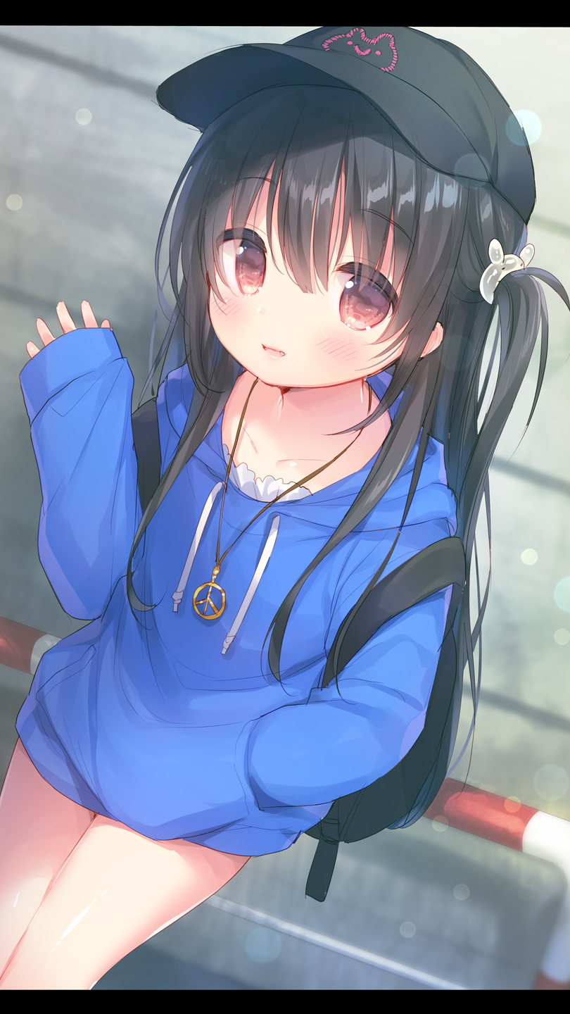 1girl arm_up backpack bag bangs baseball_cap black_hair black_hat blue_dress blue_hoodie blush brown_eyes child collarbone commentary_request day drawstring dress dutch_angle eyebrows_visible_through_hair fang hair_between_eyes hair_ornament hand_in_pocket hand_up hat highres hood hood_down hoodie jewelry long_hair long_sleeves looking_at_viewer necklace one_side_up open_mouth original outdoors parted_lips peace_symbol short_dress side_ponytail sleeves_past_wrists smile solo standing sweater sweater_dress usashiro_mani very_long_hair waving