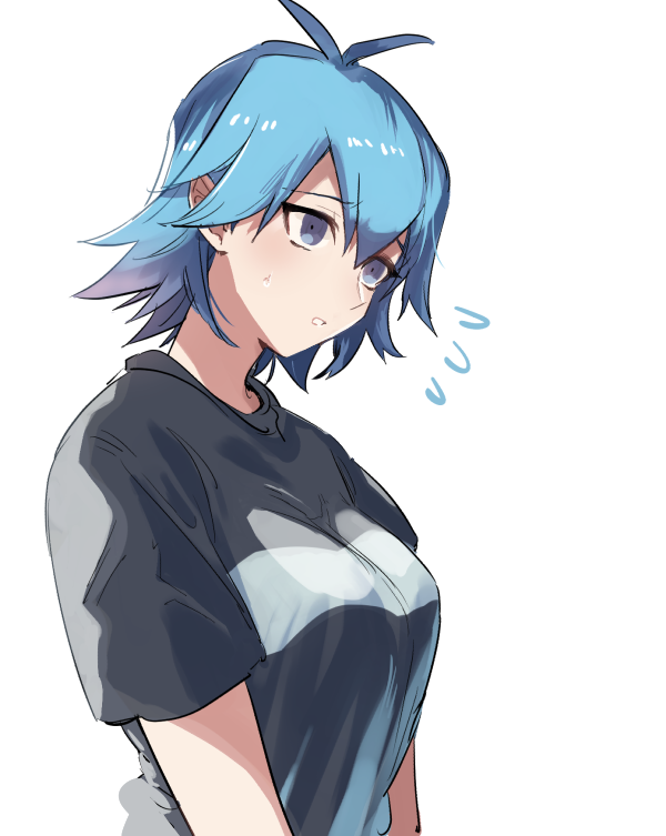 1girl antenna_hair bangs black_shirt blue_eyes blue_hair breasts bruno_(yuu-gi-ou_5d's) eyebrows_visible_through_hair genderswap genderswap_(mtf) hair_between_eyes large_breasts parted_lips shiny shiny_hair shirt short_hair short_sleeves simple_background solo sweatdrop torinomaruyaki upper_body white_background yuu-gi-ou yuu-gi-ou_5d's