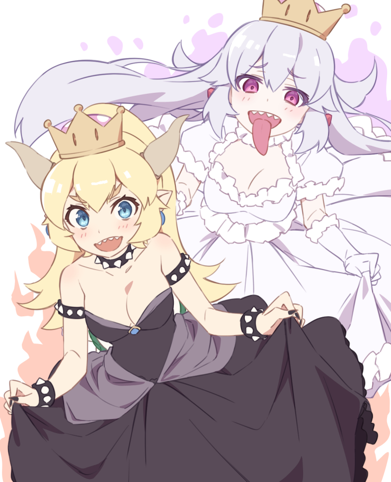 2girls black_dress blonde_hair blush bowsette bracelet breasts cleavage collar crown dress earrings fingernails frills grey_hair jewelry large_breasts m-ya super_mario_bros. multiple_girls nail_polish new_super_mario_bros._u_deluxe nintendo pale_skin pointy_ears princess_king_boo sharp_fingernails sharp_teeth spiked_armlet spiked_bracelet spiked_collar spikes super_crown teeth tongue tongue_out violet_eyes white_dress