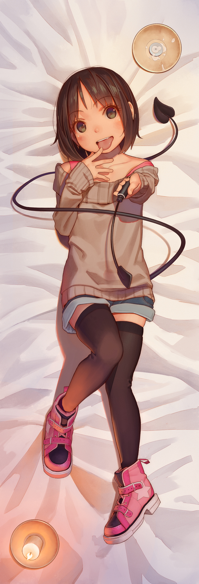1girl :p bed_sheet black_legwear blush brown_eyes brown_hair brown_sweater candle collarbone dakimakura demon_girl demon_tail eyebrows_visible_through_hair highres kagamine-ikka long_sleeves looking_at_viewer lying on_back open_mouth original pink_footwear shoes short_hair sleeves_past_wrists solo sweater tail teeth thigh-highs tongue tongue_out