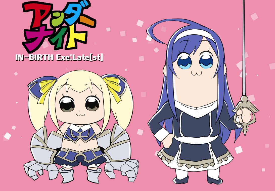 2girls blonde_hair blue_eyes blue_hair dress gloves hair_ornament hairband height_difference long_hair mika_(under_night_in-birth) multiple_girls orie_(under_night_in-birth) poptepipic short_twintails smile twintails under_night_in-birth under_night_in-birth_exe:late[st]